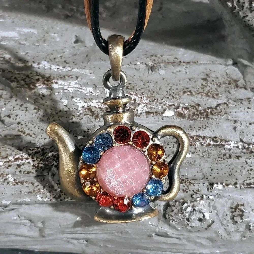 Rustic Antique Bronze Rhinestones Teapot Pendant Necklace Vegan Leather Cord - Picture 2 of 11